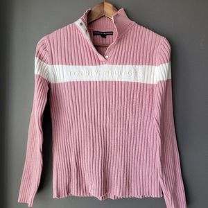 Tommy Hilfiger pink & white vintage ribbed striped sweater top 1/4 zip snap mock